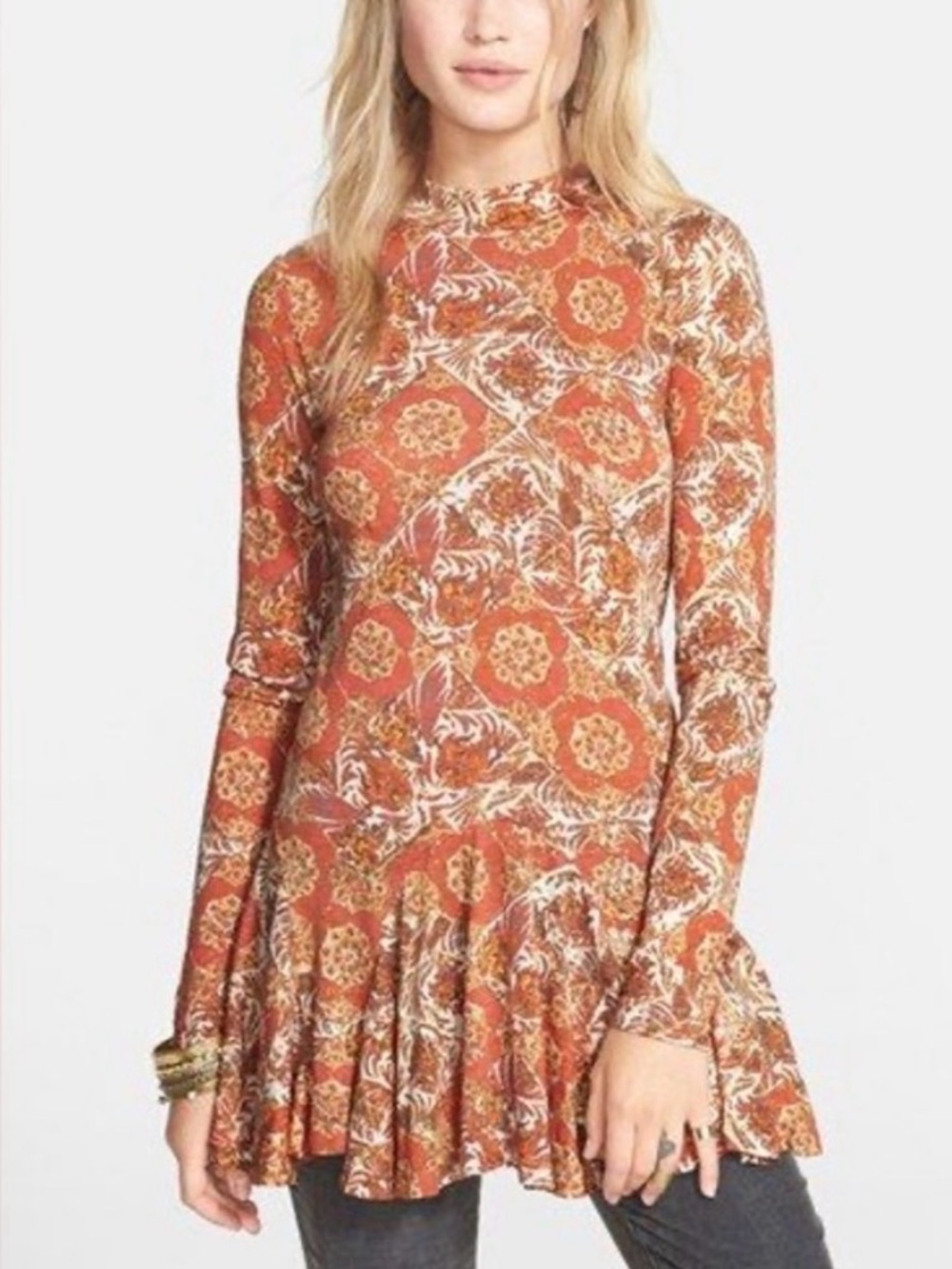 Free People Annabelle Tunic Rust Floral Long-Sleeve boho Mini Dress size Medium